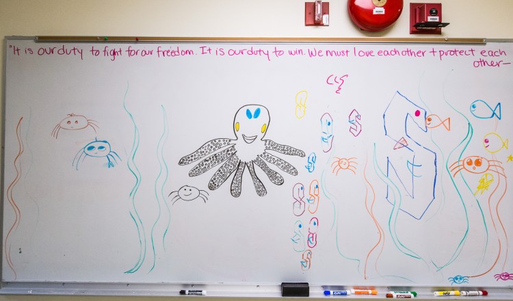 whiteboard with children's drawings of animals on it and a quote from Assata Shakur on top: "It is our duty to fight for our freedom. It is our duty to win. We must love each other and protect each other"